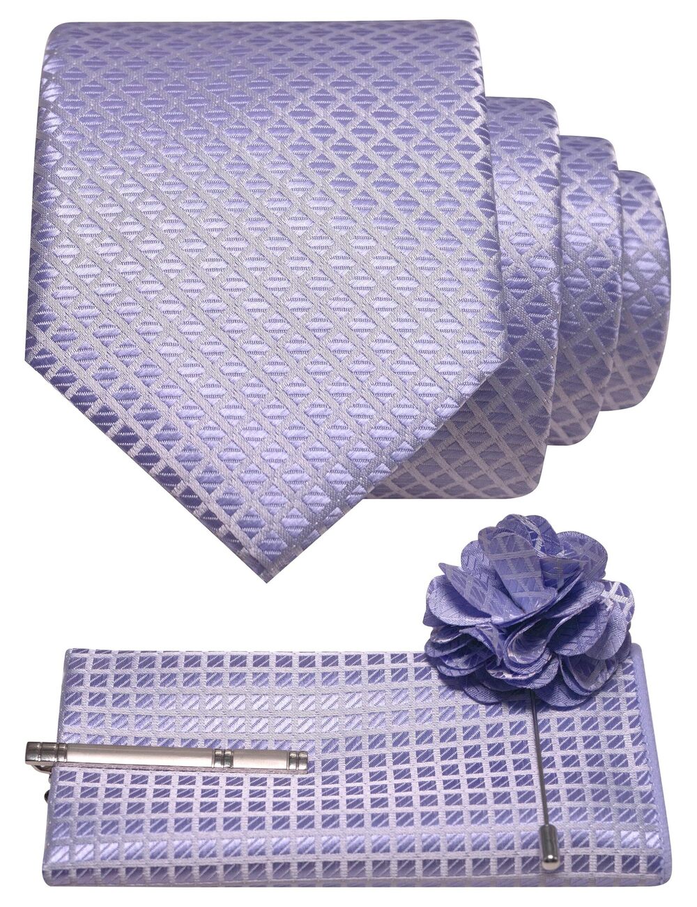 5227 Plaid Lavender Tie and Lapel Pin Necktie Pocket Square and Tie Clip
